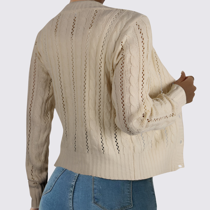 Damen Strickjacke mit Knopfleiste – Zopf Strickjacke – Kurz Geschnitten