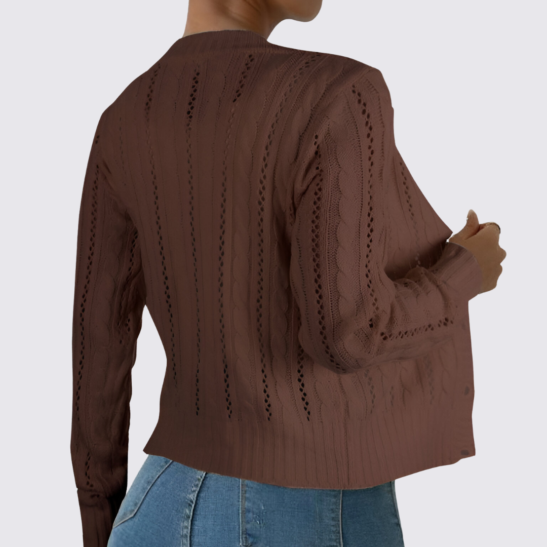 Damen Strickjacke mit Knopfleiste – Zopf Strickjacke – Kurz Geschnitten