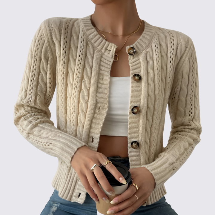 Damen Strickjacke mit Knopfleiste – Zopf Strickjacke – Kurz Geschnitten