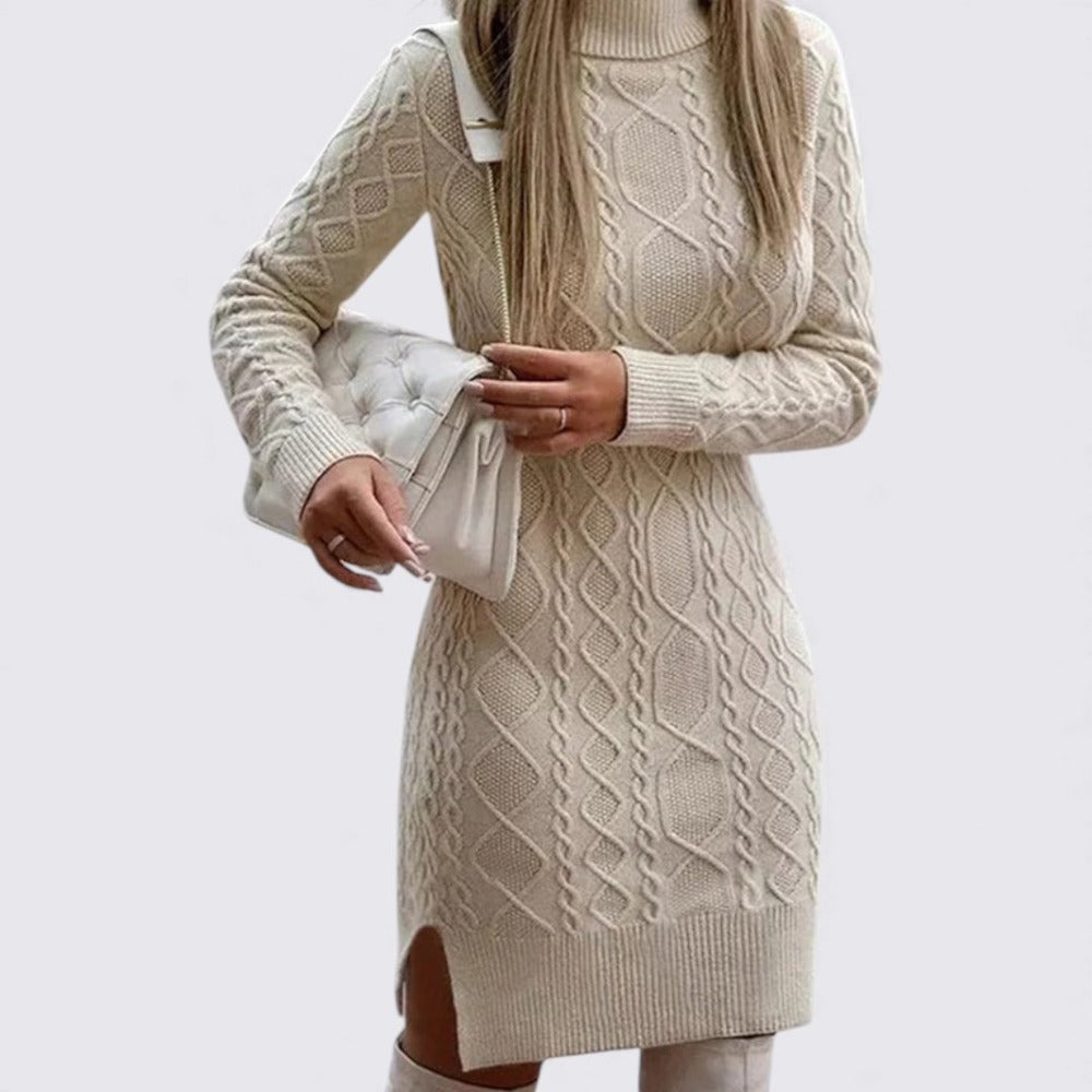 Damen Strickkleid mit Stehkragen – Langarm – Zopfmuster Kleid