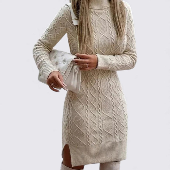 Damen Strickkleid mit Stehkragen – Langarm – Zopfmuster Kleid