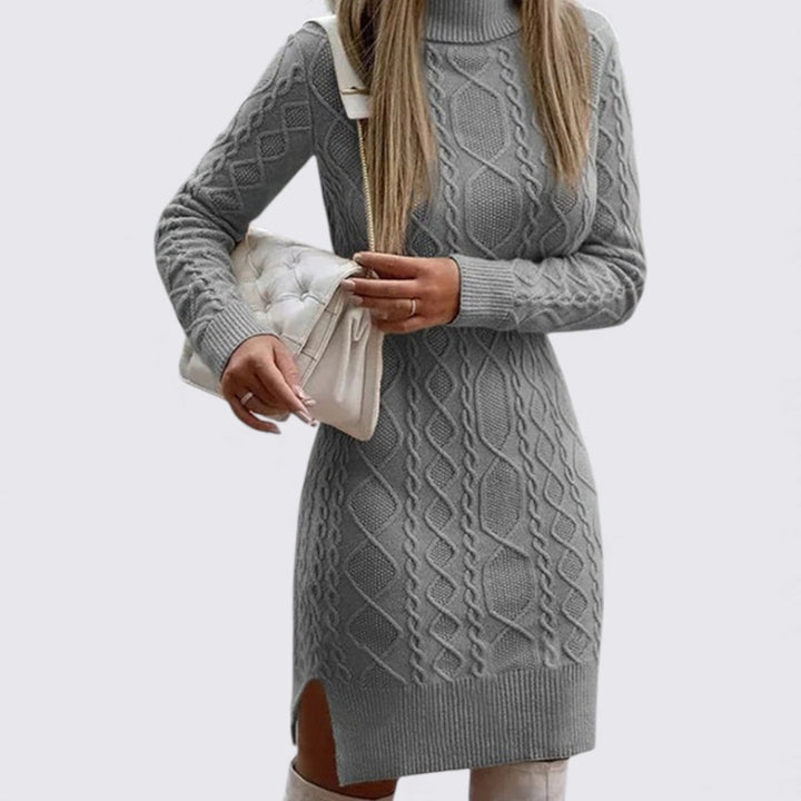 Damen Strickkleid mit Stehkragen – Langarm – Zopfmuster Kleid