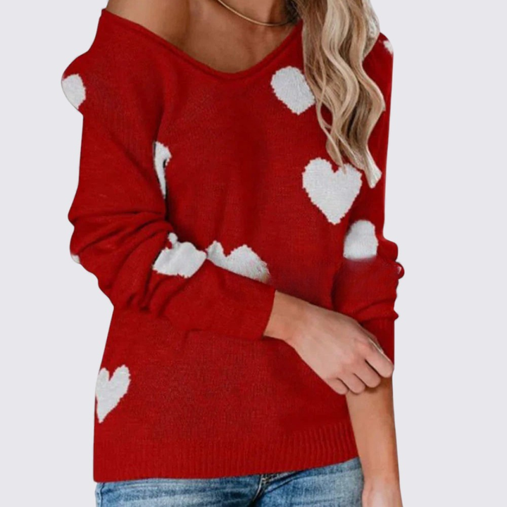 Damen Strickpullover mit Herzmuster – Langarm Pullover – Rundhalsausschnitt