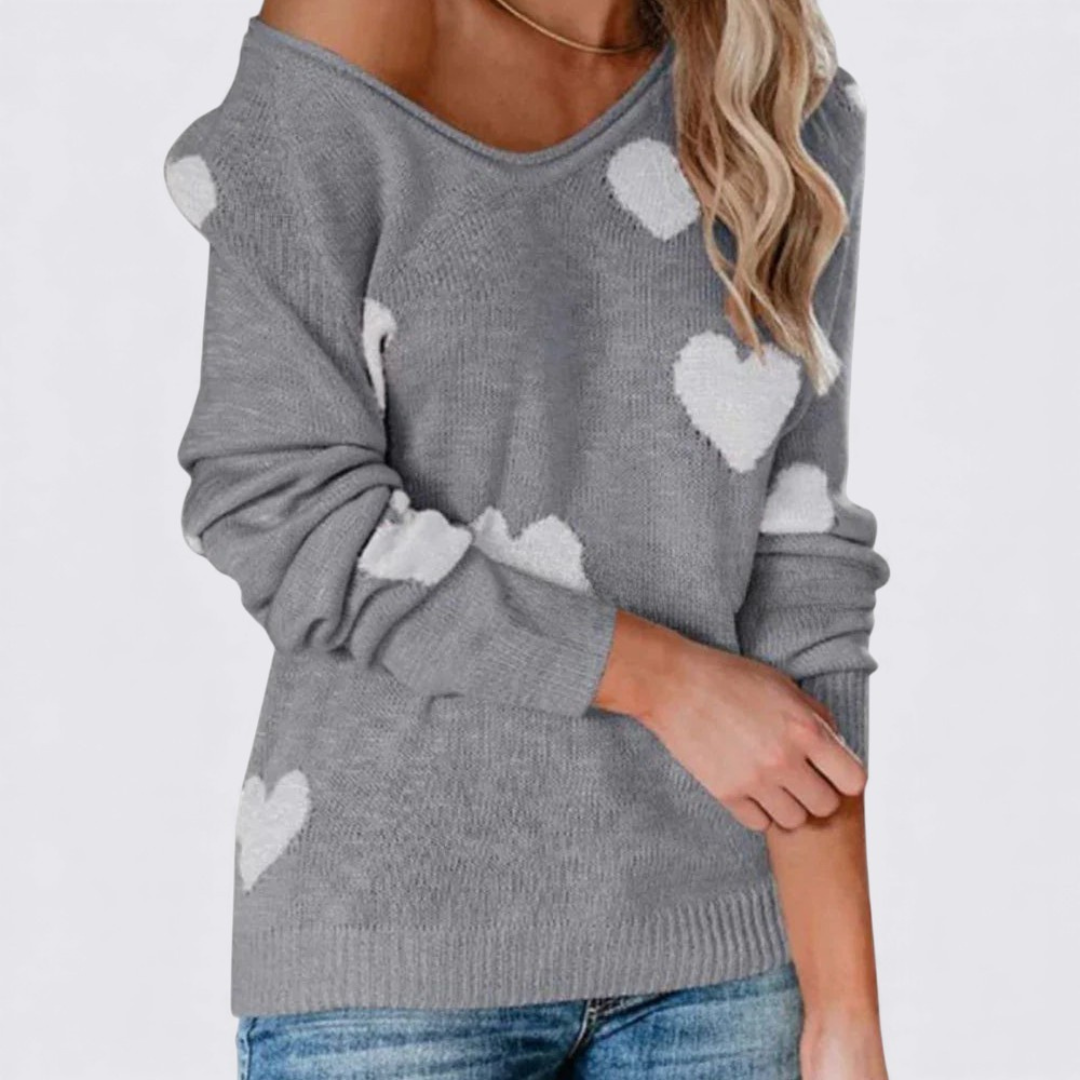 Damen Strickpullover mit Herzmuster – Langarm Pullover – Rundhalsausschnitt