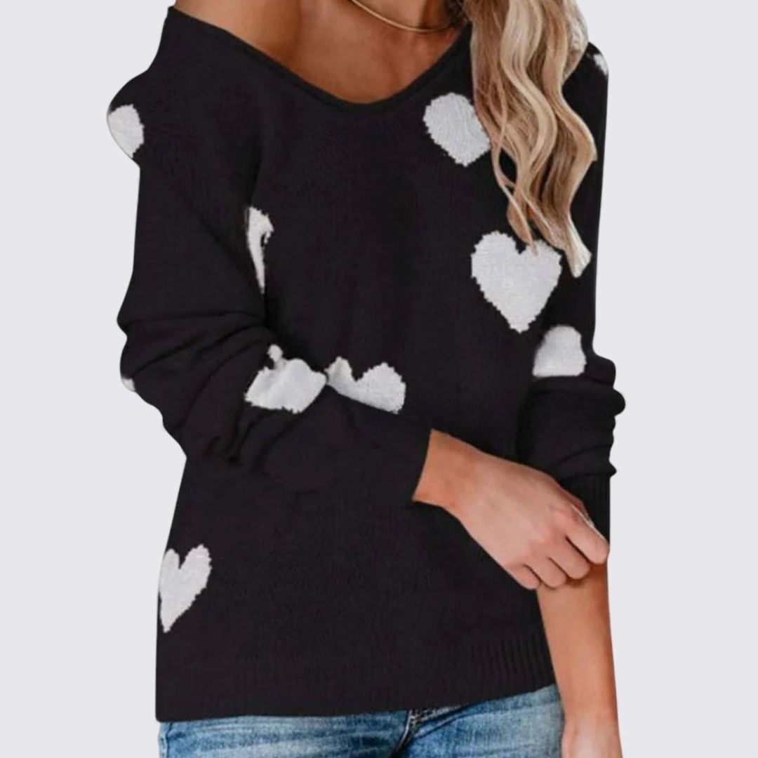 Damen Strickpullover mit Herzmuster – Langarm Pullover – Rundhalsausschnitt