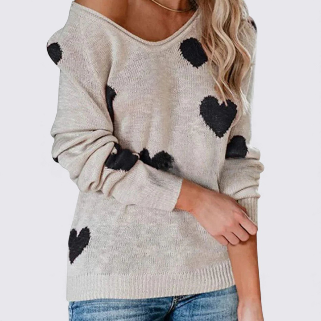 Damen Strickpullover mit Herzmuster – Langarm Pullover – Rundhalsausschnitt