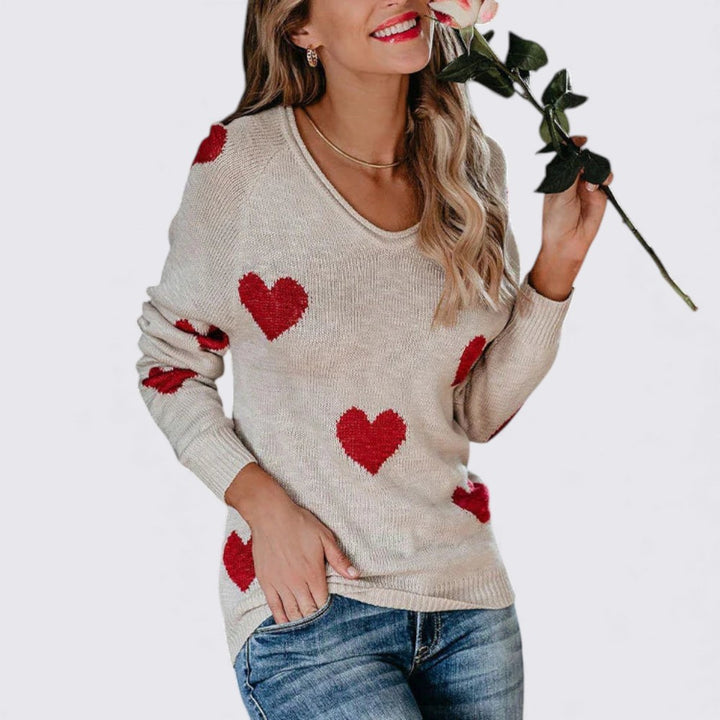 Damen Strickpullover mit Herzmuster – Langarm Pullover – Rundhalsausschnitt