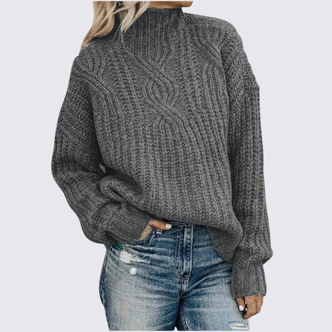 Damen Strickpullover mit Stehkragen - Winter Pullover - Zopfmuster