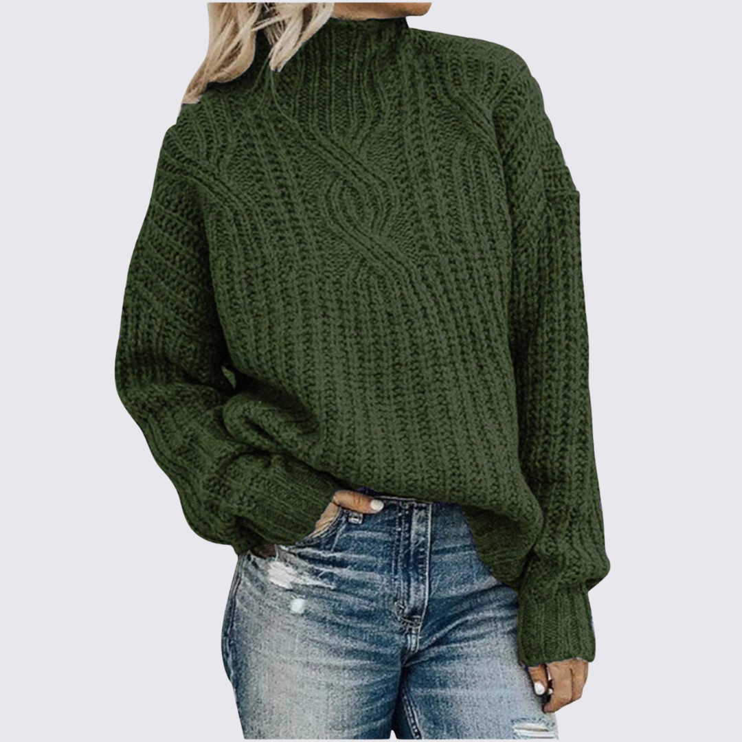 Damen Strickpullover mit Stehkragen - Winter Pullover - Zopfmuster