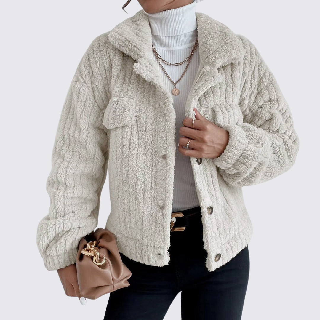 Damen Teddy Jacke mit Knöpfen – Langarm – Weicher Schnitt