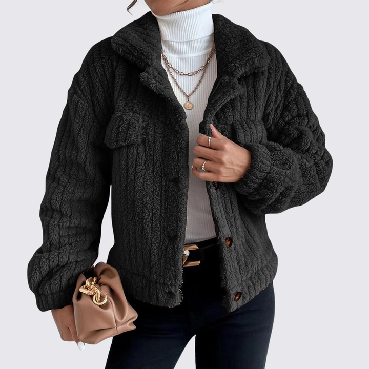 Damen Teddy Jacke mit Knöpfen – Langarm – Weicher Schnitt