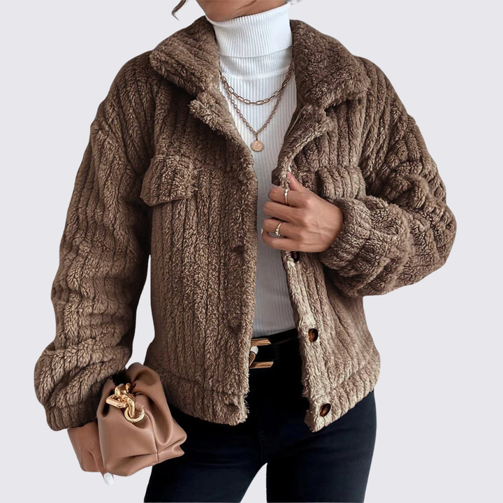 Damen Teddy Jacke mit Knöpfen – Langarm – Weicher Schnitt