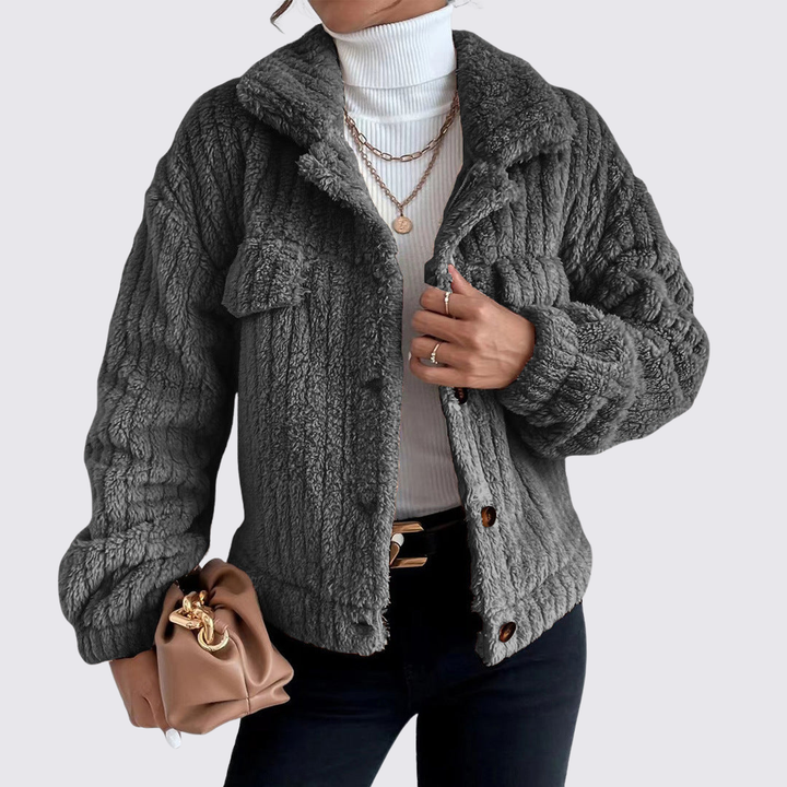 Damen Teddy Jacke mit Knöpfen – Langarm – Weicher Schnitt