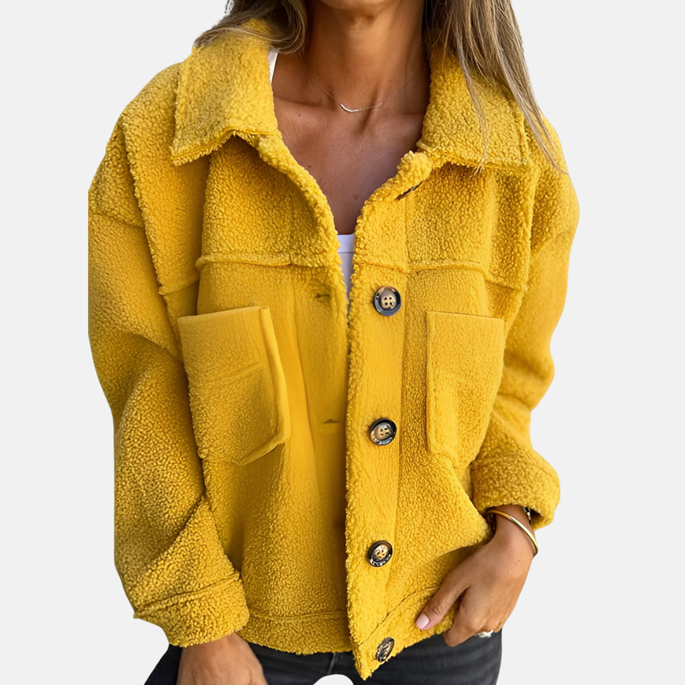 Damen Teddy Jacke mit Knopfleiste – Langarm – Kurz Geschnitten