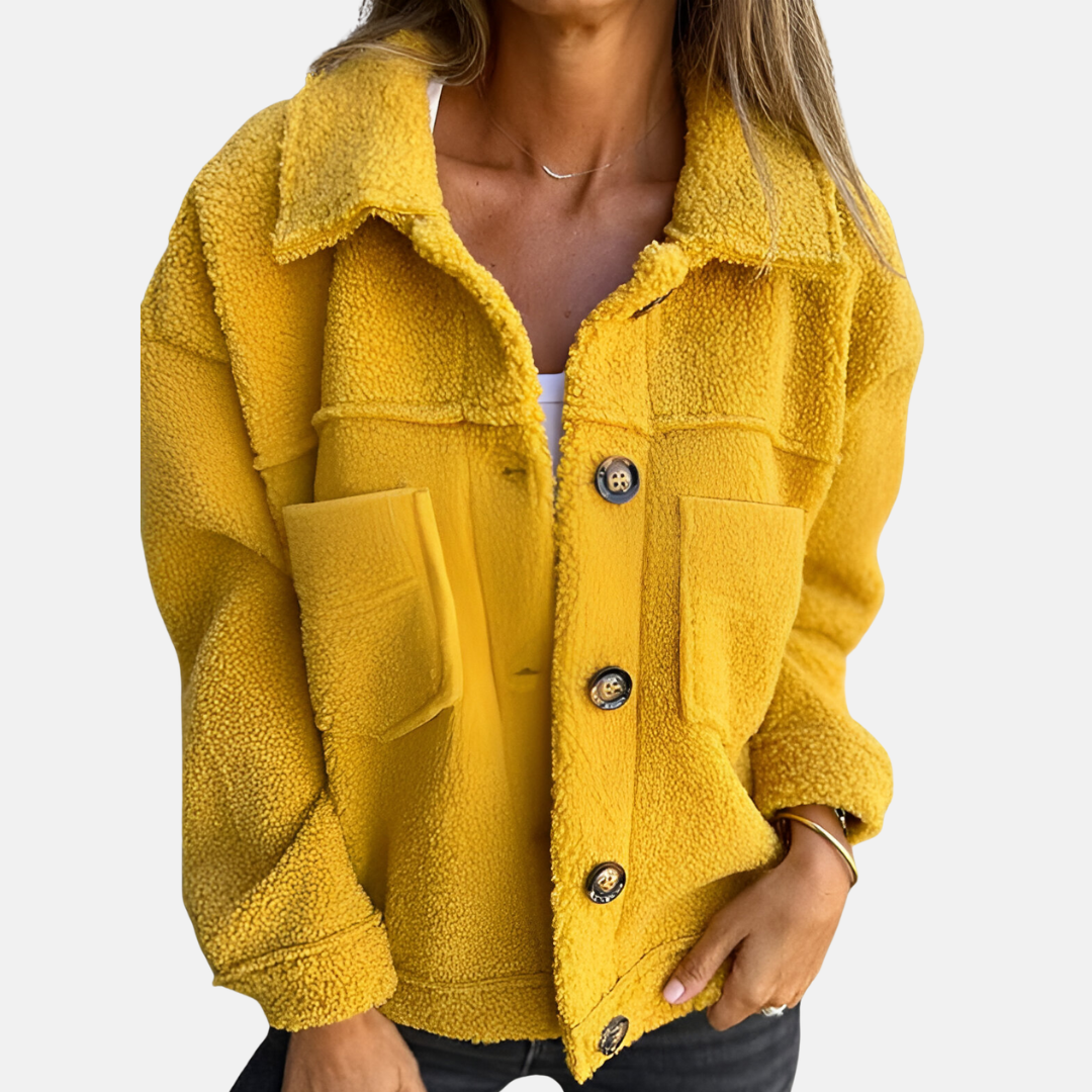 Damen Teddy Jacke mit Knopfleiste – Langarm – Kurz Geschnitten
