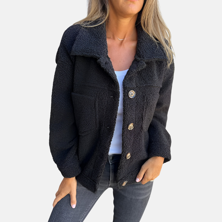 Damen Teddy Jacke mit Knopfleiste – Langarm – Kurz Geschnitten