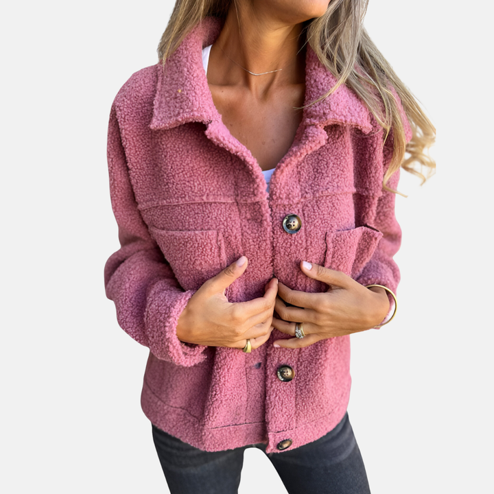 Damen Teddy Jacke mit Knopfleiste – Langarm – Kurz Geschnitten