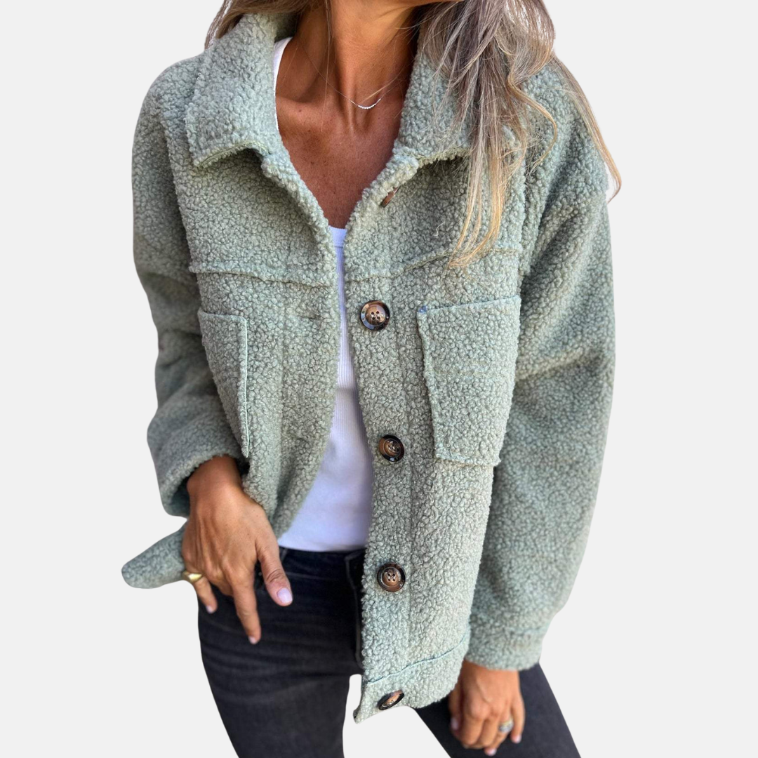 Damen Teddy Jacke mit Knopfleiste – Langarm – Kurz Geschnitten