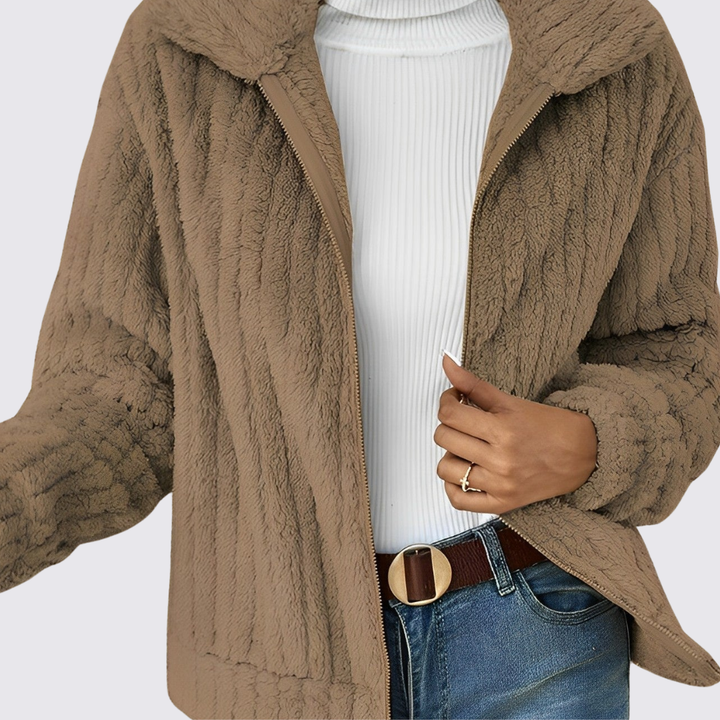 Damen Teddy Jacke mit Reißverschluss – Langarm – Weicher Schnitt