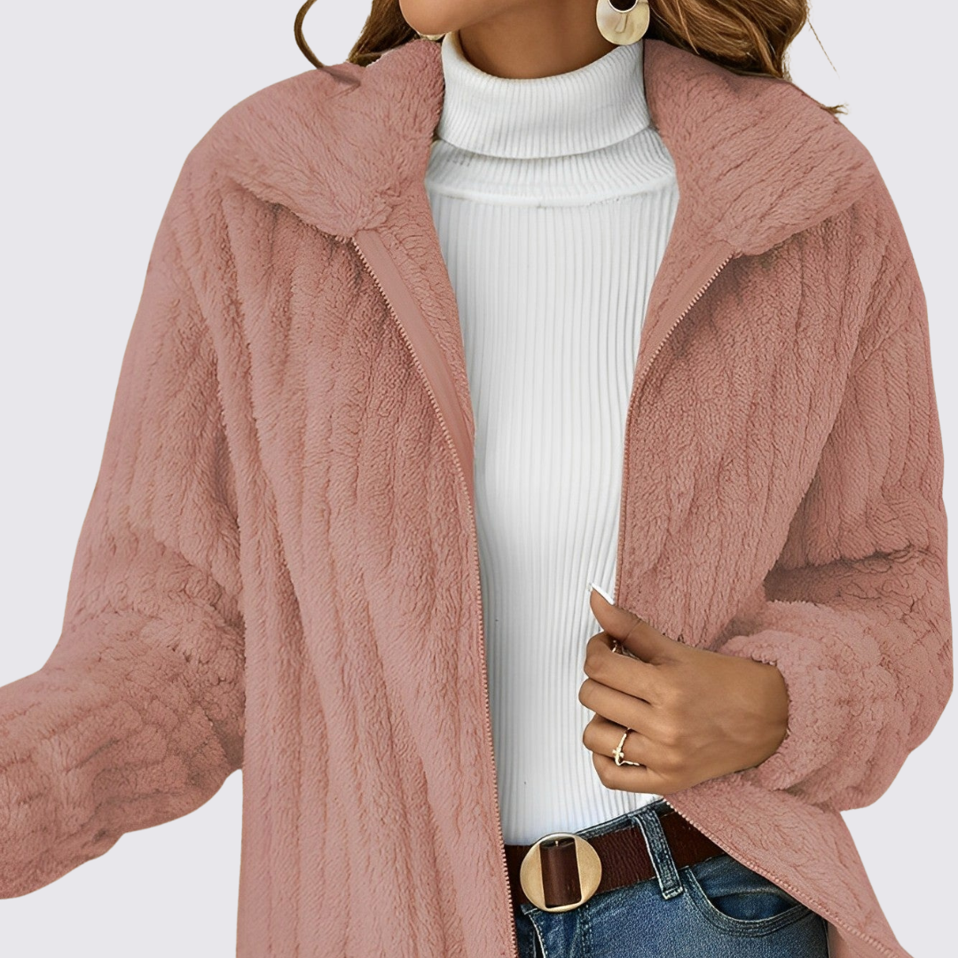 Damen Teddy Jacke mit Reißverschluss – Langarm – Weicher Schnitt