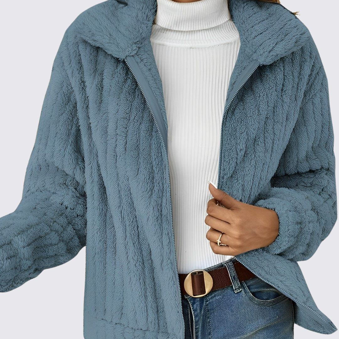Damen Teddy Jacke mit Reißverschluss – Langarm – Weicher Schnitt