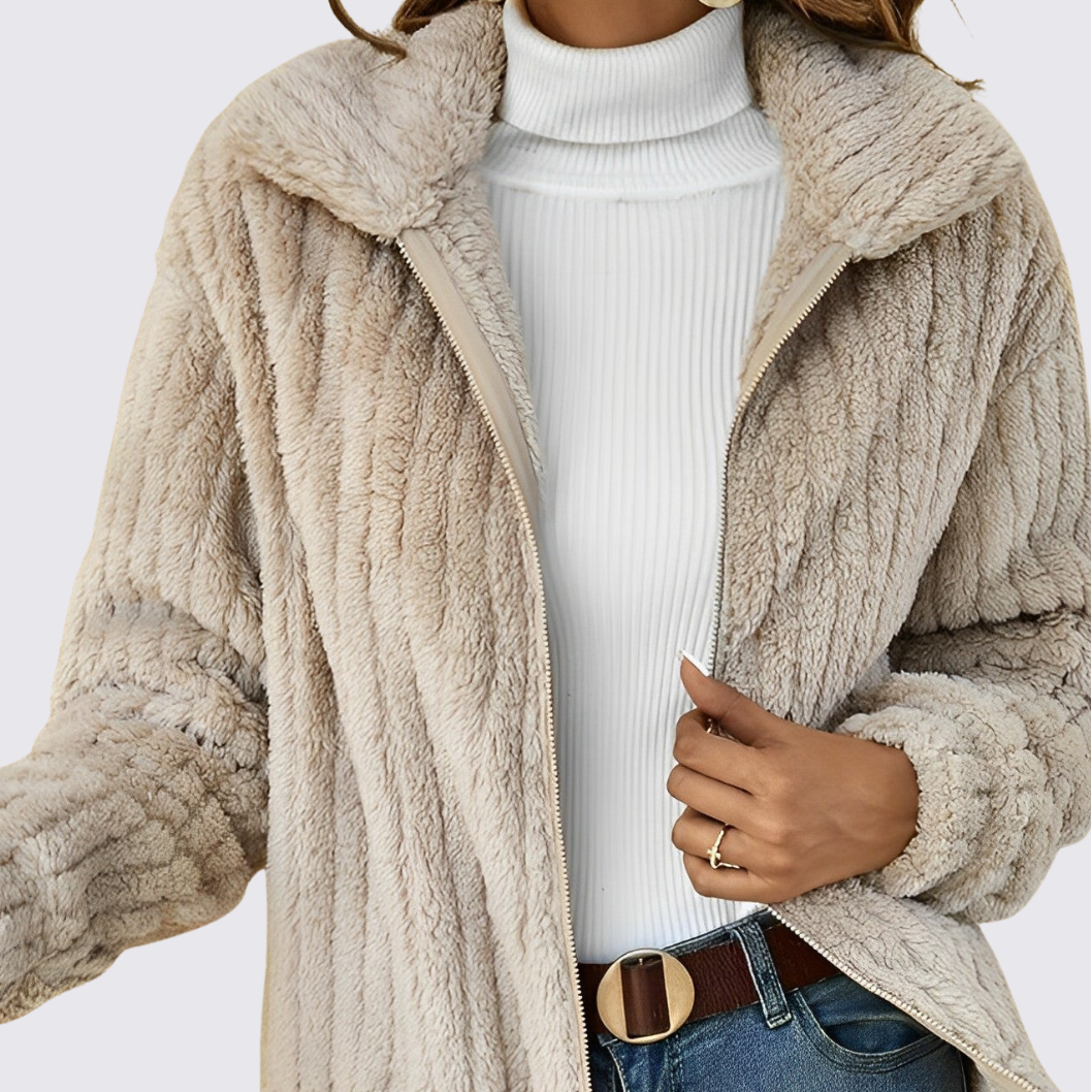 Damen Teddy Jacke mit Reißverschluss – Langarm – Weicher Schnitt