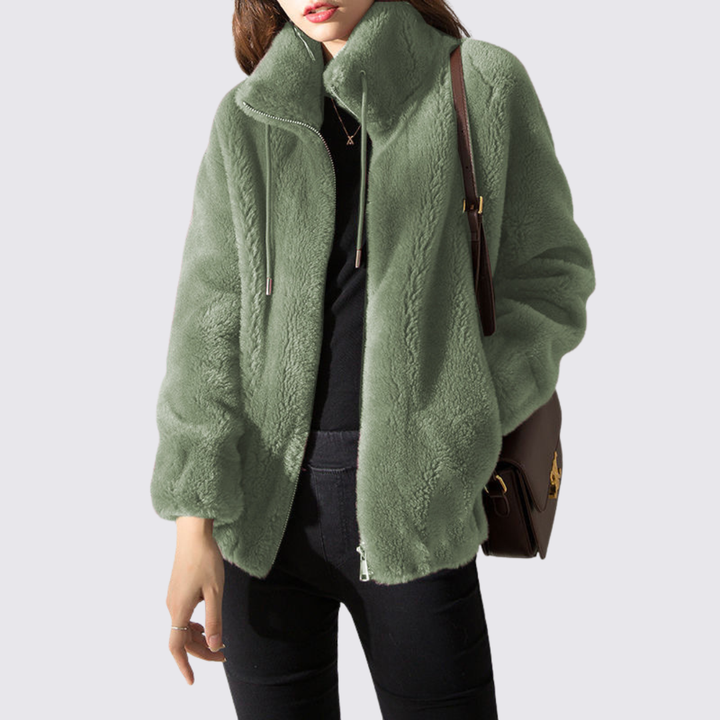 Damen Teddy Jacke mit Reißverschluss – Stehkragen – Kuschelig Warm