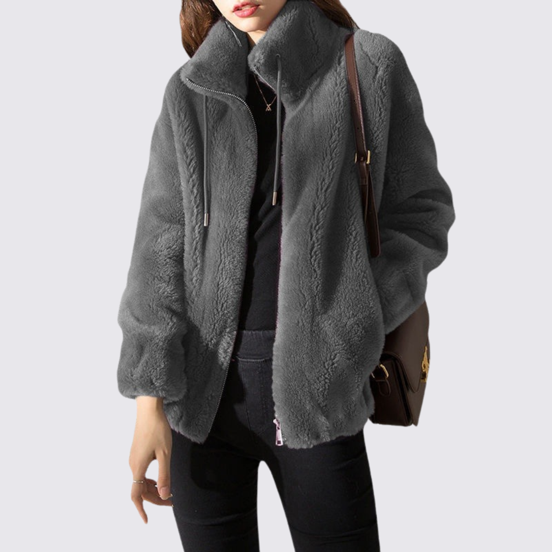 Damen Teddy Jacke mit Reißverschluss – Stehkragen – Kuschelig Warm