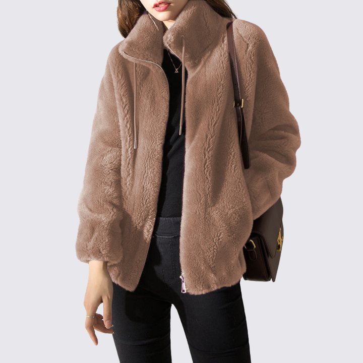 Damen Teddy Jacke mit Reißverschluss – Stehkragen – Kuschelig Warm