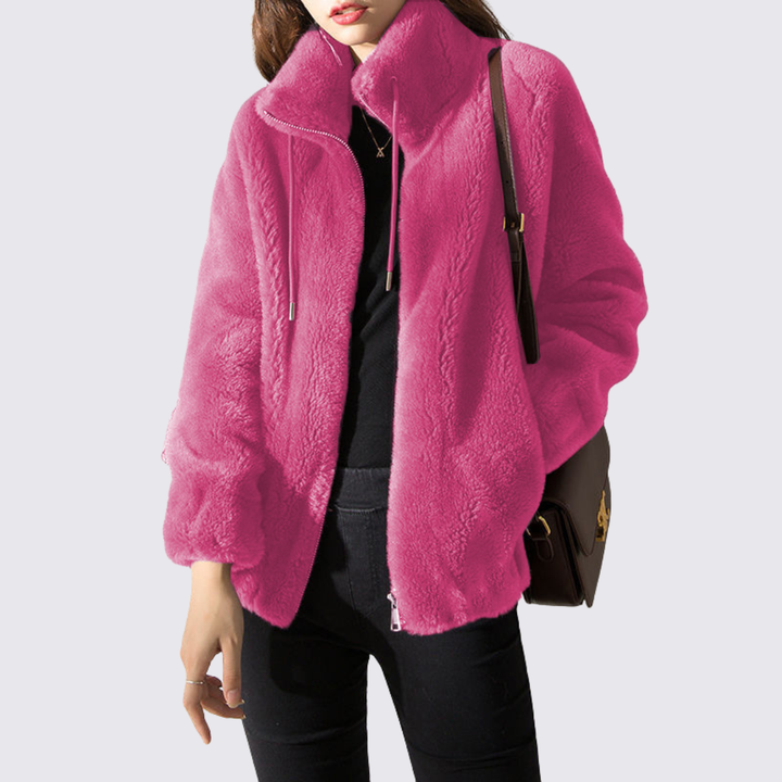 Damen Teddy Jacke mit Reißverschluss – Stehkragen – Kuschelig Warm