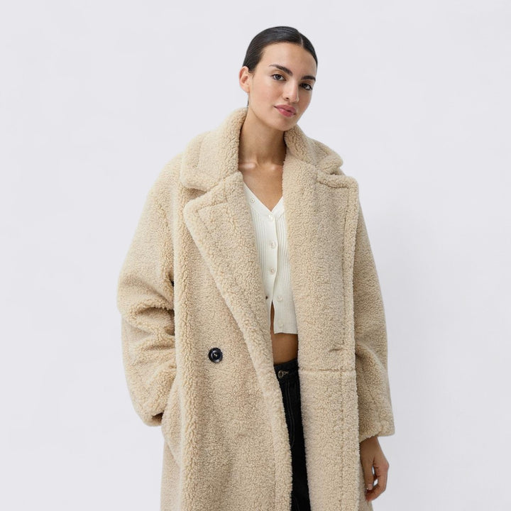 Damen Teddy Mantel – Lang Geschnitten – Klassischer Reverskragen