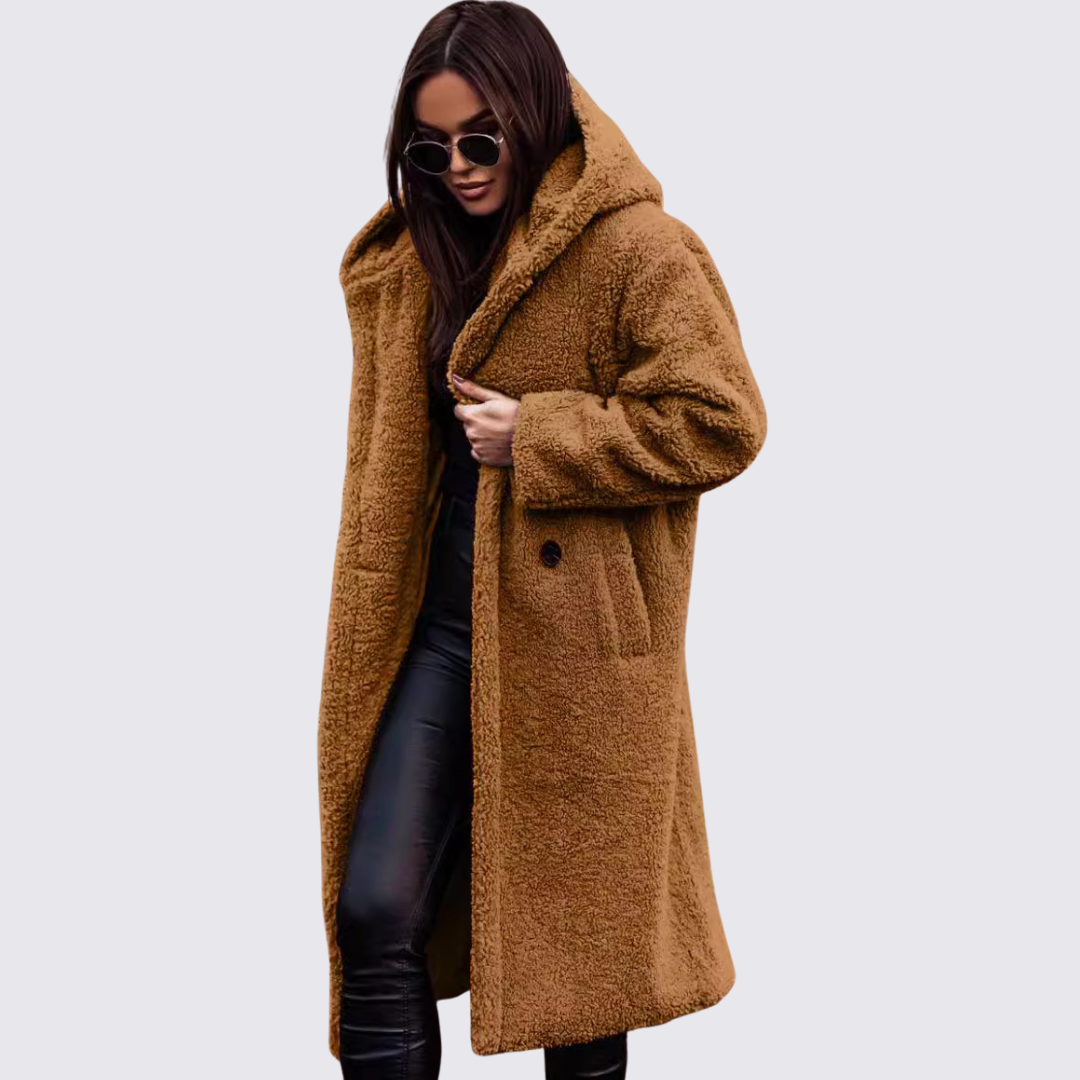 Damen Teddy Mantel mit Kapuze – Lang Geschnitten – Kuschelig Warm