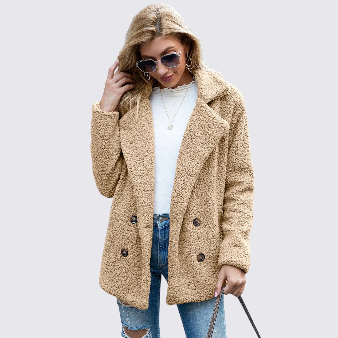 Damen Teddy Mantel mit Knopfleiste - Winter Mantel - Kuschelig