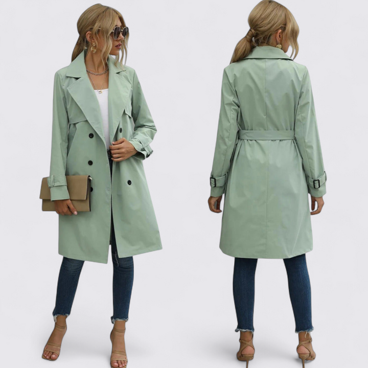 Damen Trenchcoat mit Gürtel – Doppelreihig – Lang Geschnitten