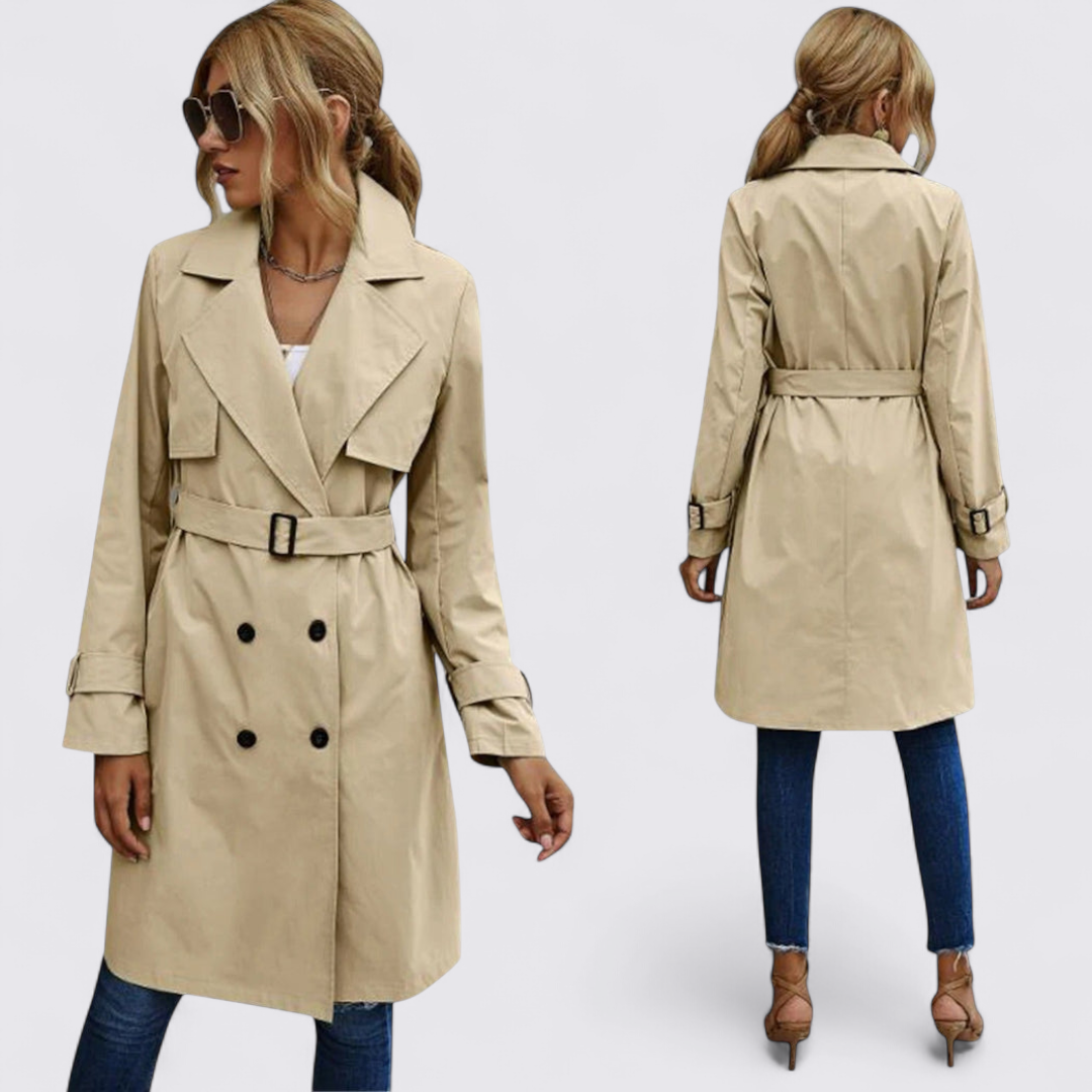 Damen Trenchcoat mit Gürtel – Doppelreihig – Lang Geschnitten