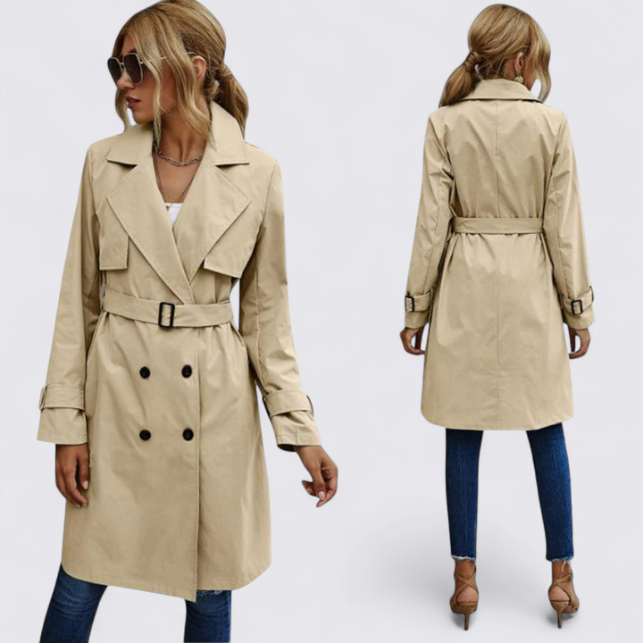 Damen Trenchcoat mit Gürtel – Doppelreihig – Lang Geschnitten