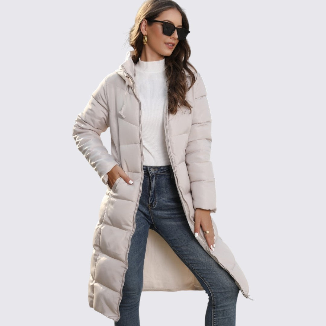 Damen Winterjacke mit Kapuze – Lange Steppjacke – Warm Gefüttert