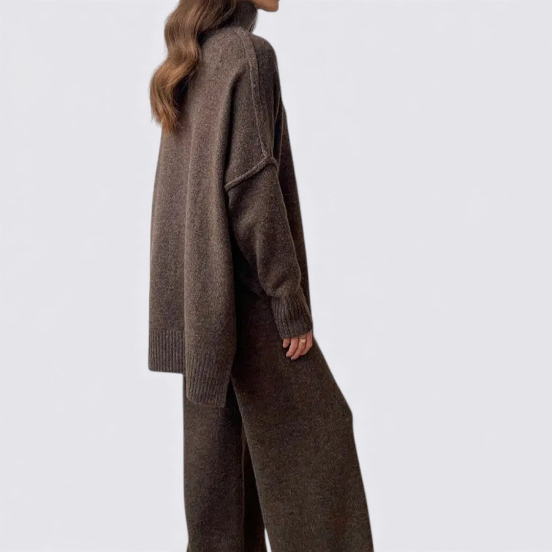 Damen Zweiteiliges Strickset – Lockerer Schnitt – Rollkragen Oberteil