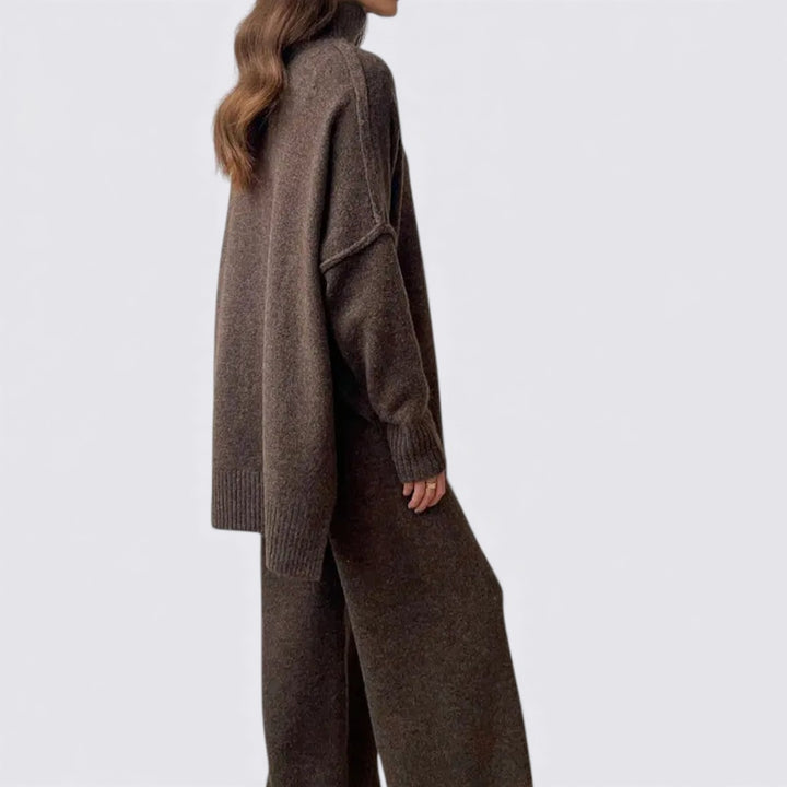 Damen Zweiteiliges Strickset – Lockerer Schnitt – Rollkragen Oberteil