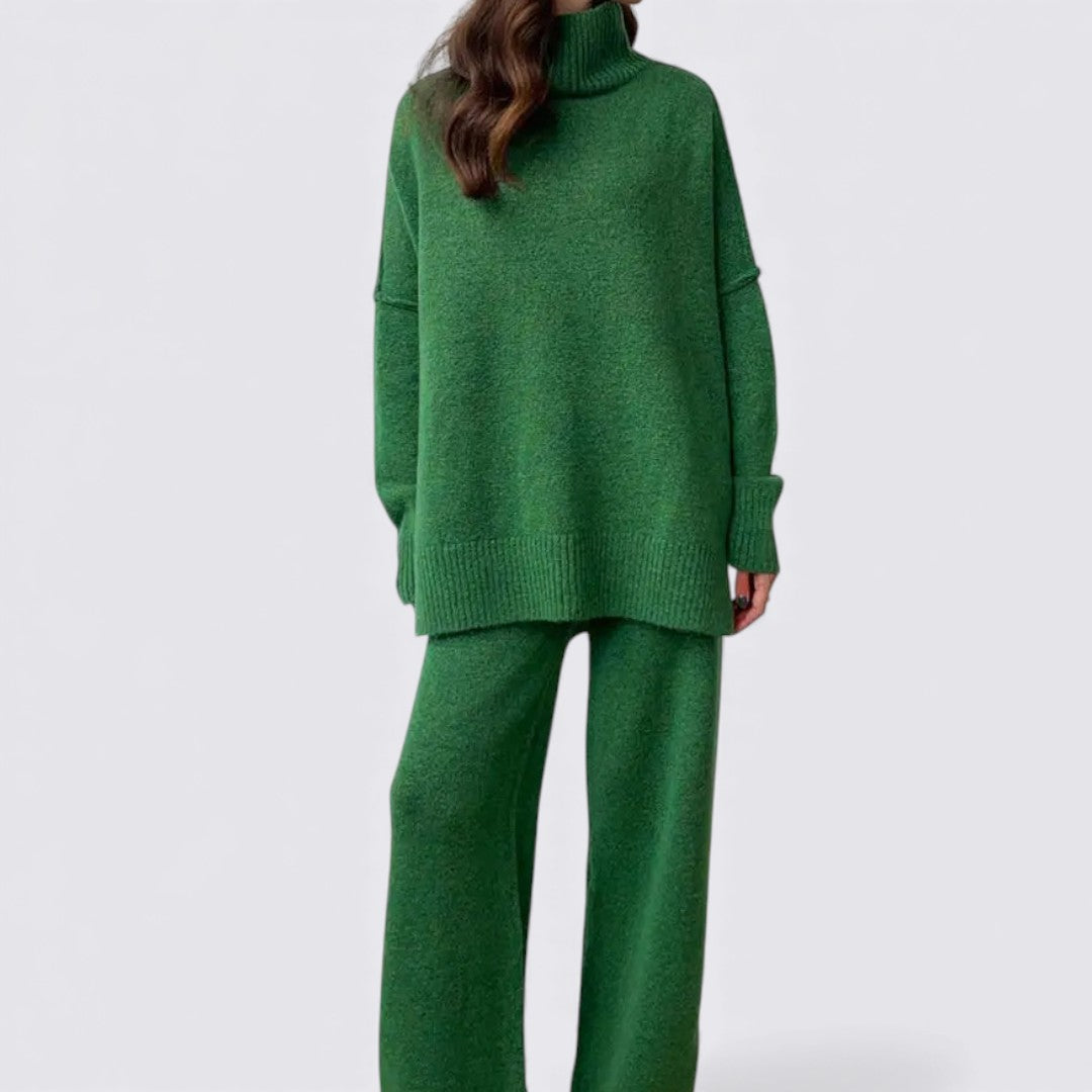 Damen Zweiteiliges Strickset – Lockerer Schnitt – Rollkragen Oberteil