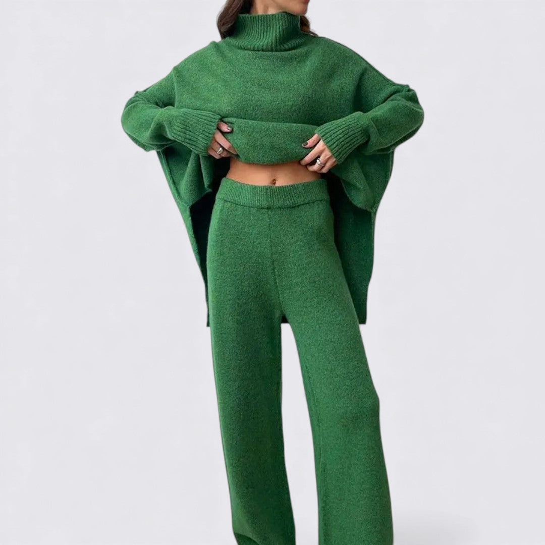 Damen Zweiteiliges Strickset – Lockerer Schnitt – Rollkragen Oberteil