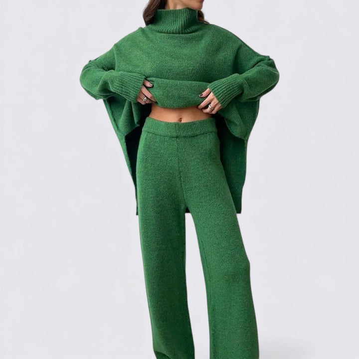 Damen Zweiteiliges Strickset – Lockerer Schnitt – Rollkragen Oberteil