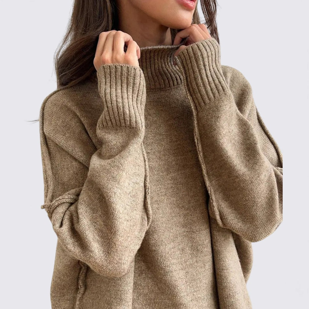 Damen Zweiteiliges Strickset – Lockerer Schnitt – Rollkragen Oberteil