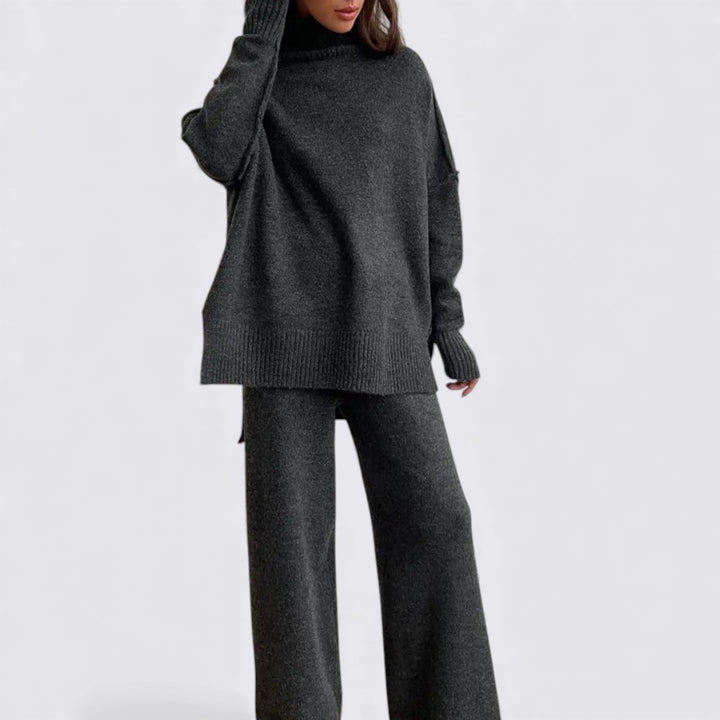 Damen Zweiteiliges Strickset – Lockerer Schnitt – Rollkragen Oberteil