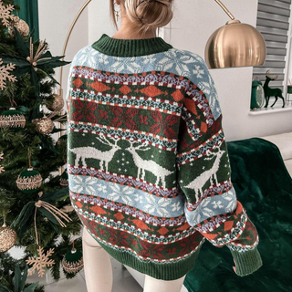 Gemusterter Langarm-Pullover mit Rundhalsausschnitt für Damen