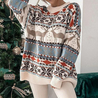 Gemusterter Langarm-Pullover mit Rundhalsausschnitt für Damen