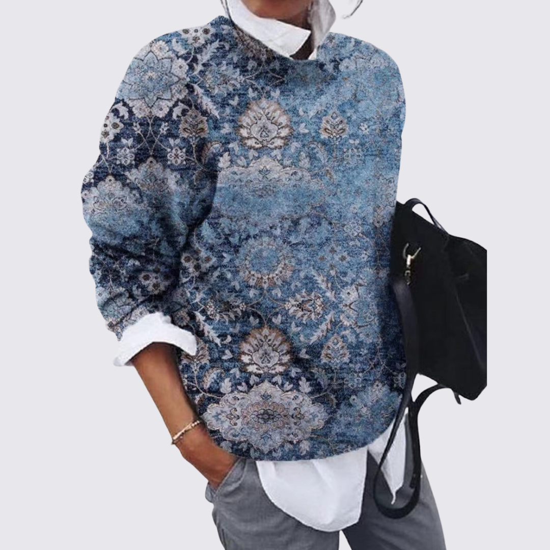 Gemusterter Langarm-Pullover mit Rundhalsausschnitt für Damen