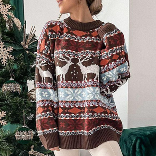 Gemusterter Langarm-Pullover mit Rundhalsausschnitt für Damen