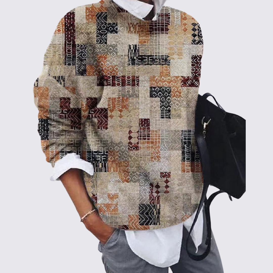 Gemusterter Langarm-Pullover mit Rundhalsausschnitt für Damen