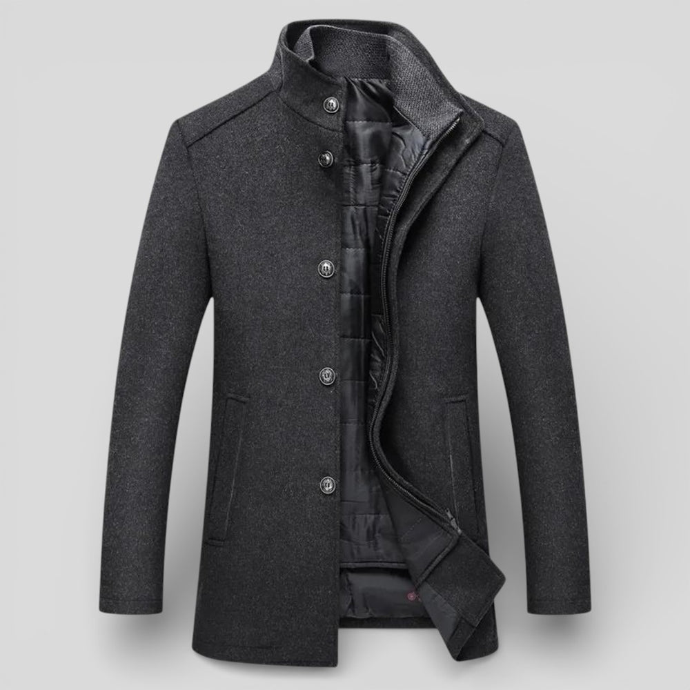 Herren Mantel mit Stehkragen - Langer Mantel - Knopfleiste Vorne
